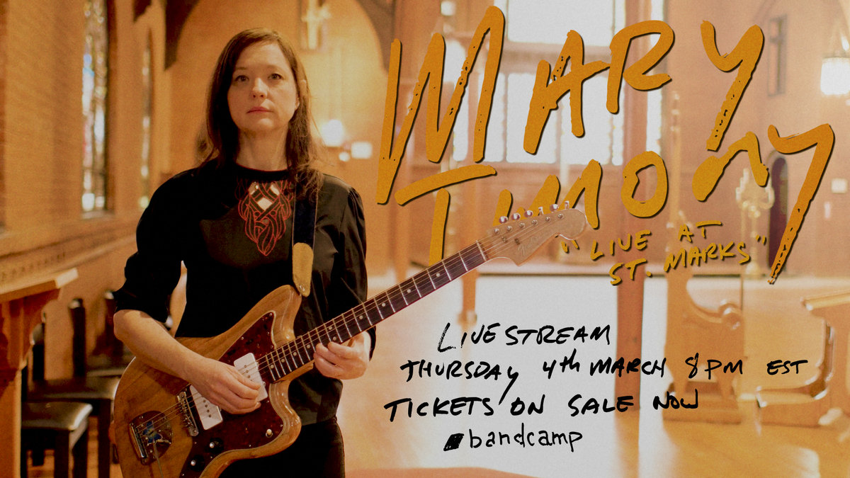 Flyer for Mary Timony livestream picturing the artist, standing inside the church, holding her Fender Jaguar guitar.