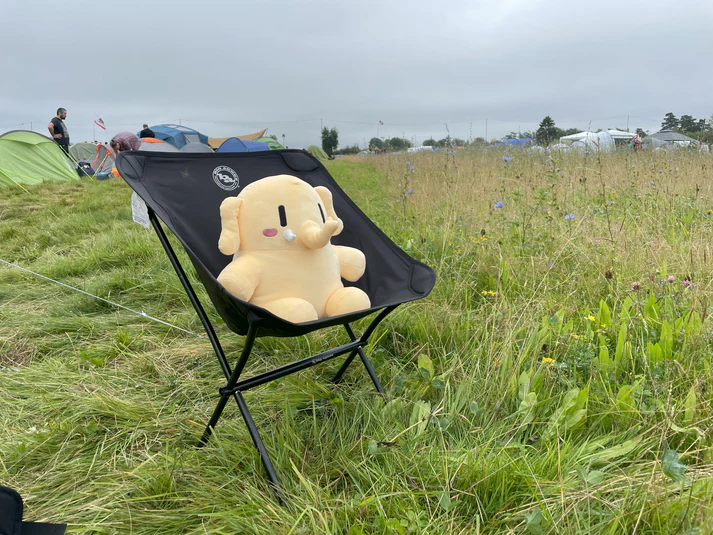 Cute Mastodon plush toy, sitting in a camp chair in a green meadow.